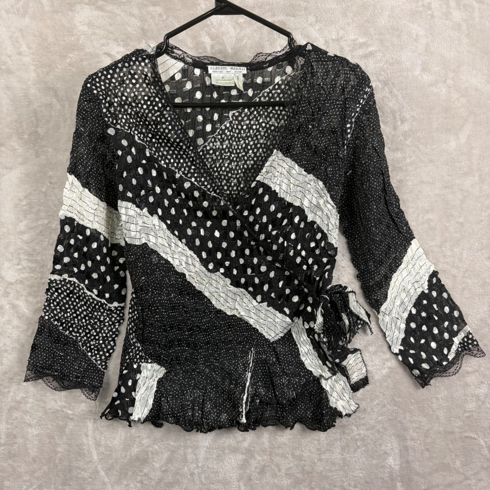 Alberto Makali Black White Polka Dot Crinkle Wrap Blouse Top Lace Trim Large Y2K